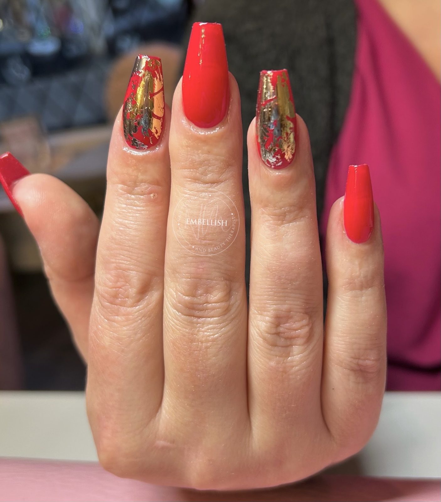 Red coffin nails with foil accents